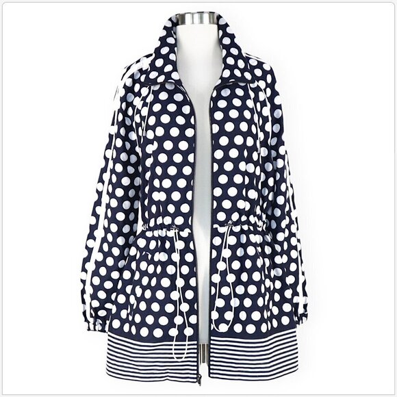 St. John Navy White Polka Dot Print Draw-Cord Waist Anorak Jacket Coat Size S - Picture 4 of 7
